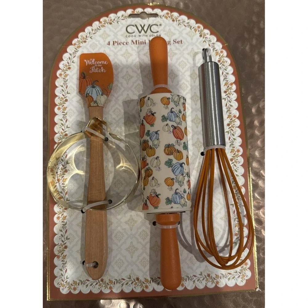 CWC 4 Piece Mini Baking Set Pumpkin Thanksgiving Spatula Whisk Rolling Pin NEW